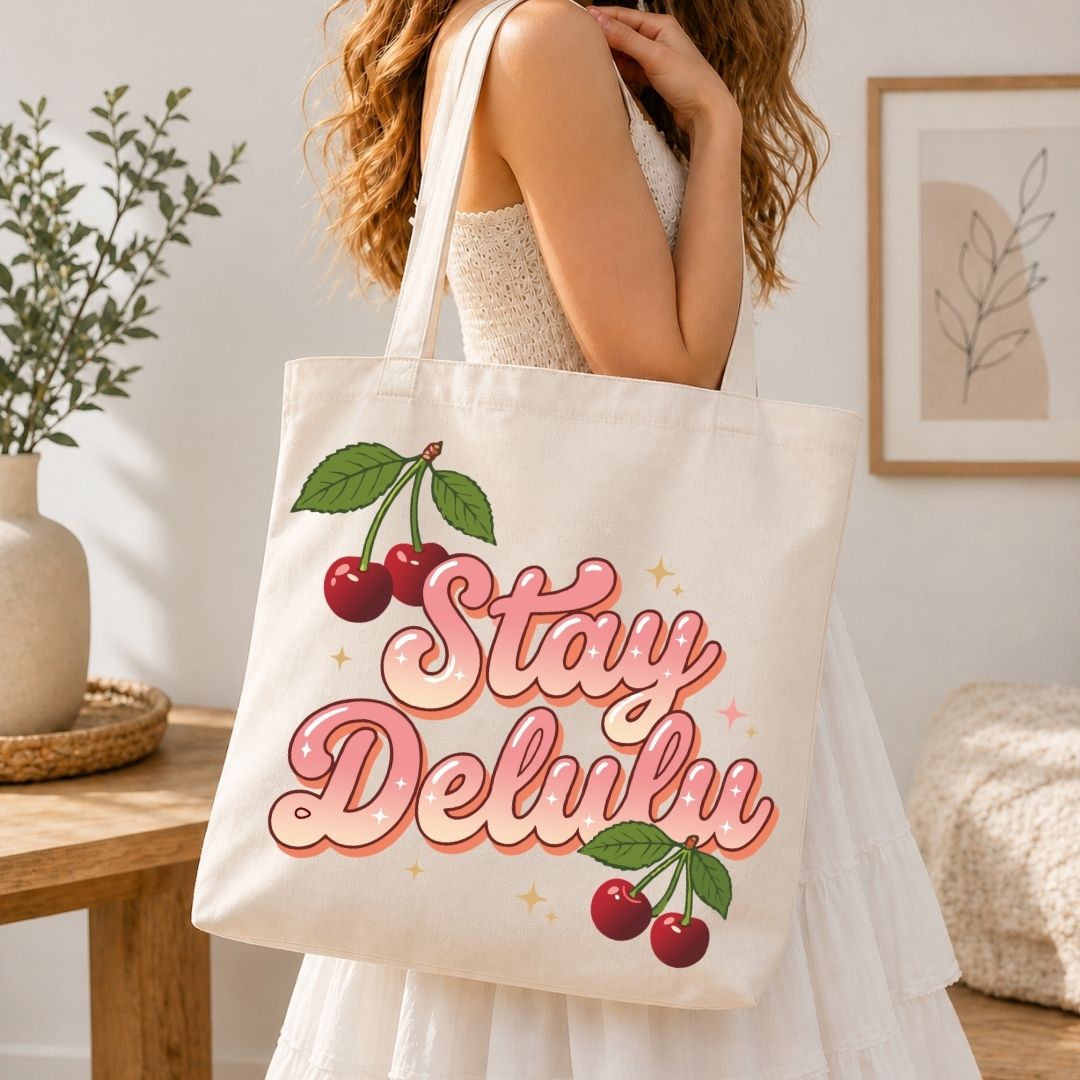Person holding a tote bag with 'Stay Deluluv' and cherry design in a home setting
