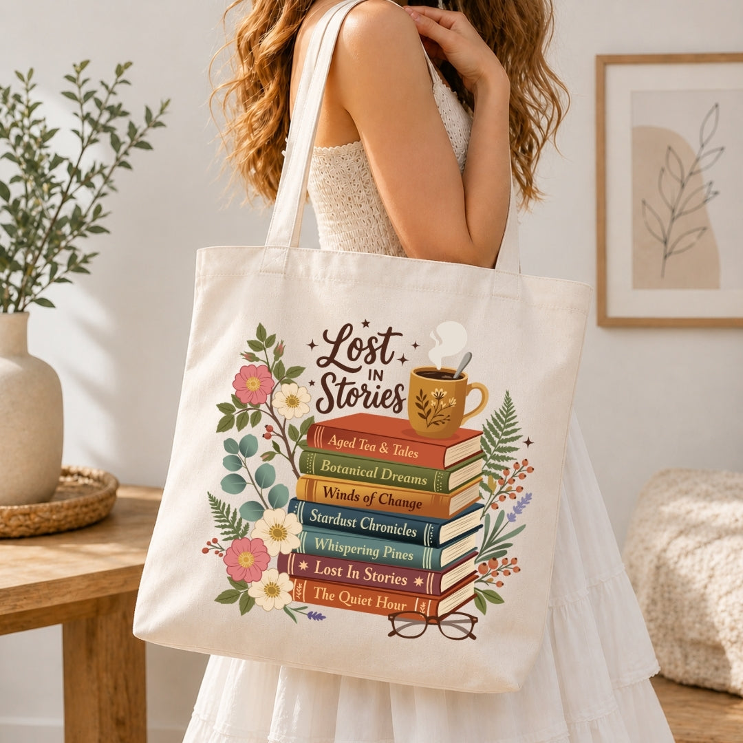 Person holding a tote bag with 'Lost in Stories' design in a home setting