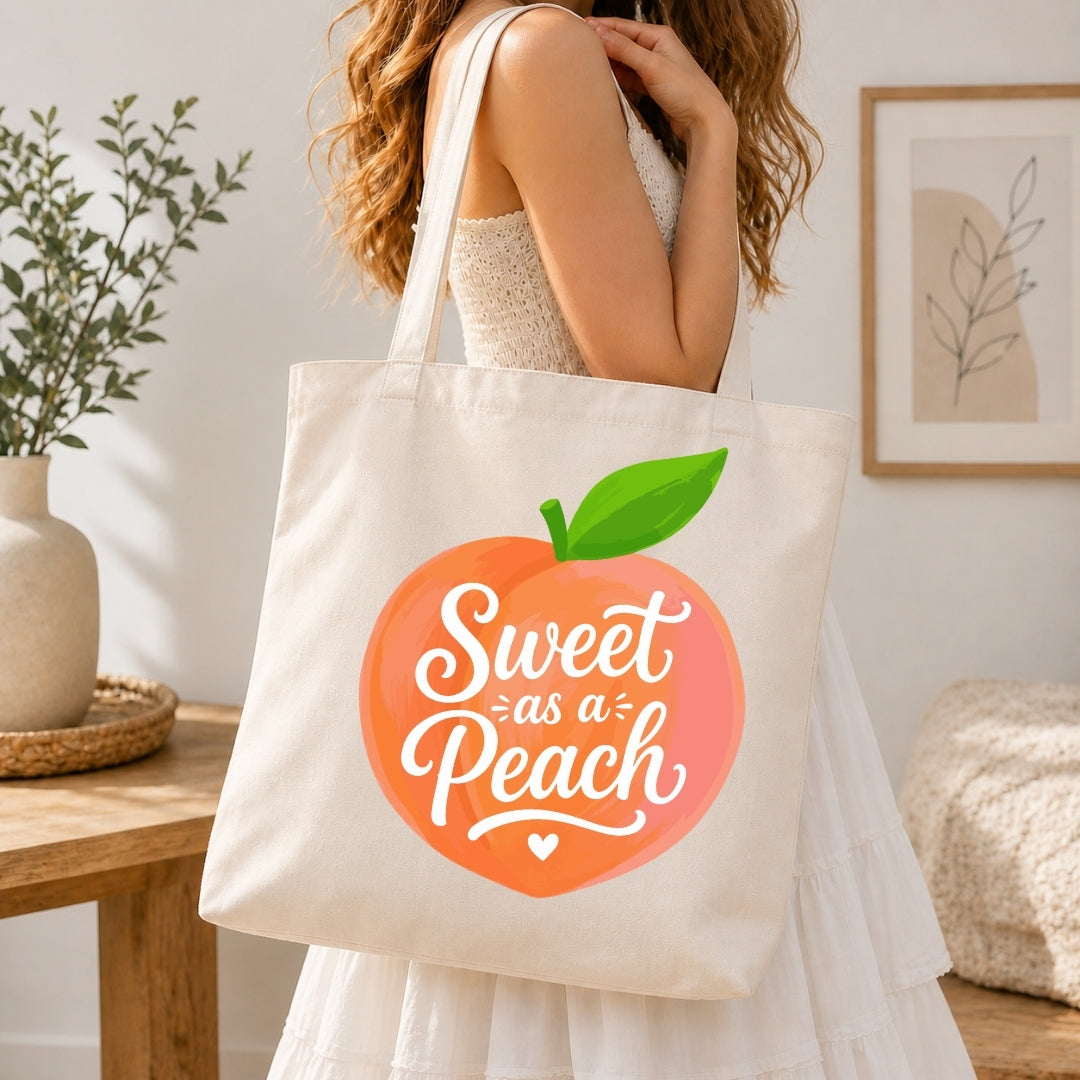 Person holding a tote bag with 'Sweet as a Peach' design in a home setting