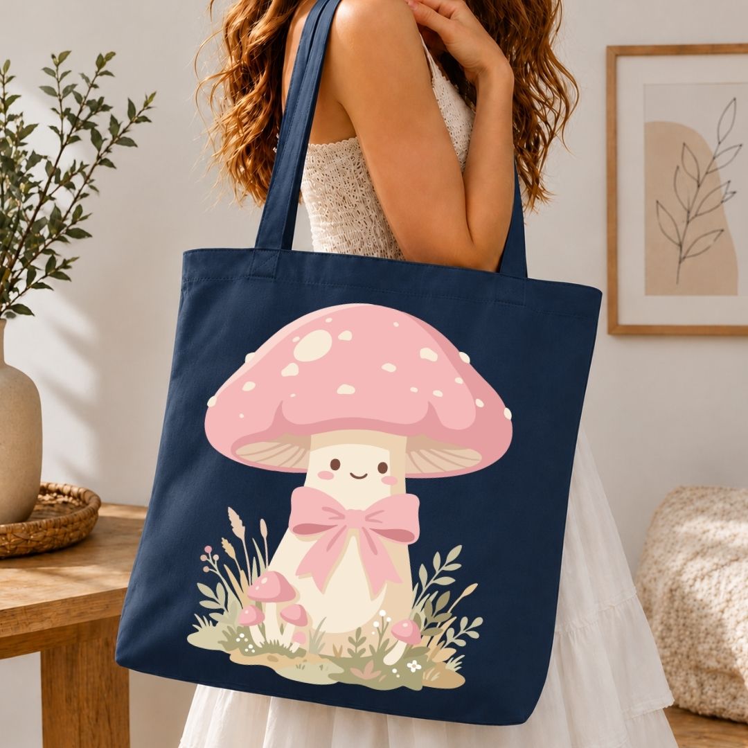 Navy tote bag with a pink mushroom design held by a person in a home setting.
