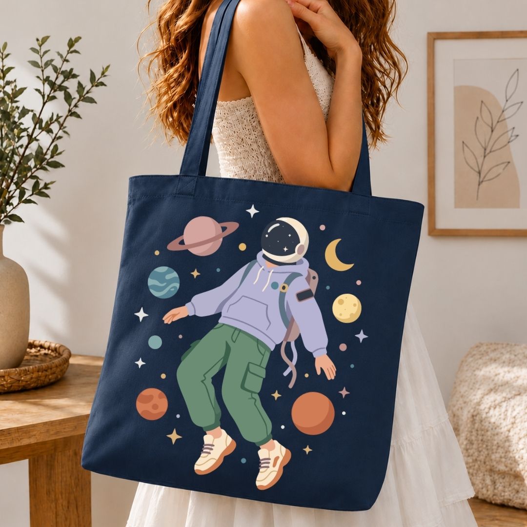 Person holding a tote bag with an astronaut design in a home setting