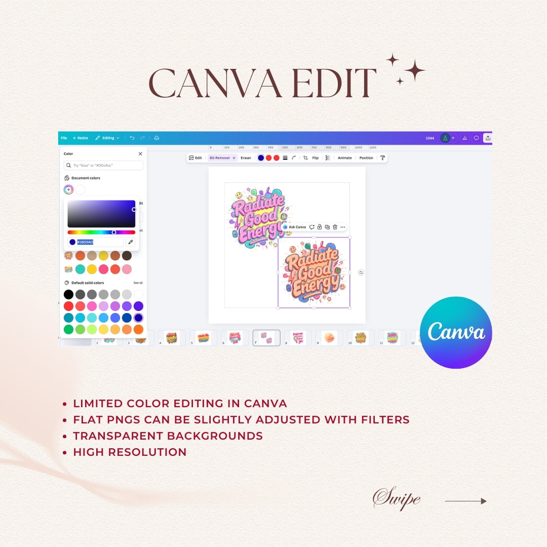 Canva editing software interface with colorful design elements on a light background
