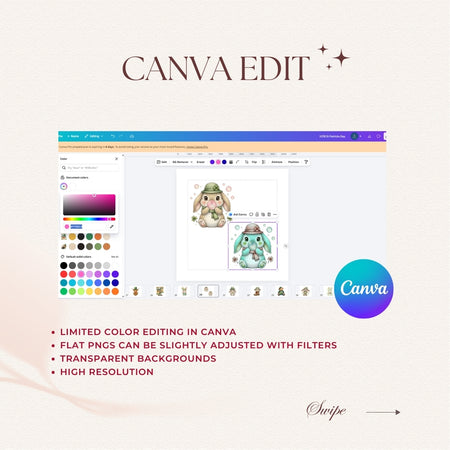 Canva editing software interface with a character image and color palette on a light background.