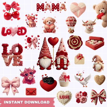 Collection of Valentine's Day-themed illustrations including gnomes, hearts, and other decorative elements on a white background.