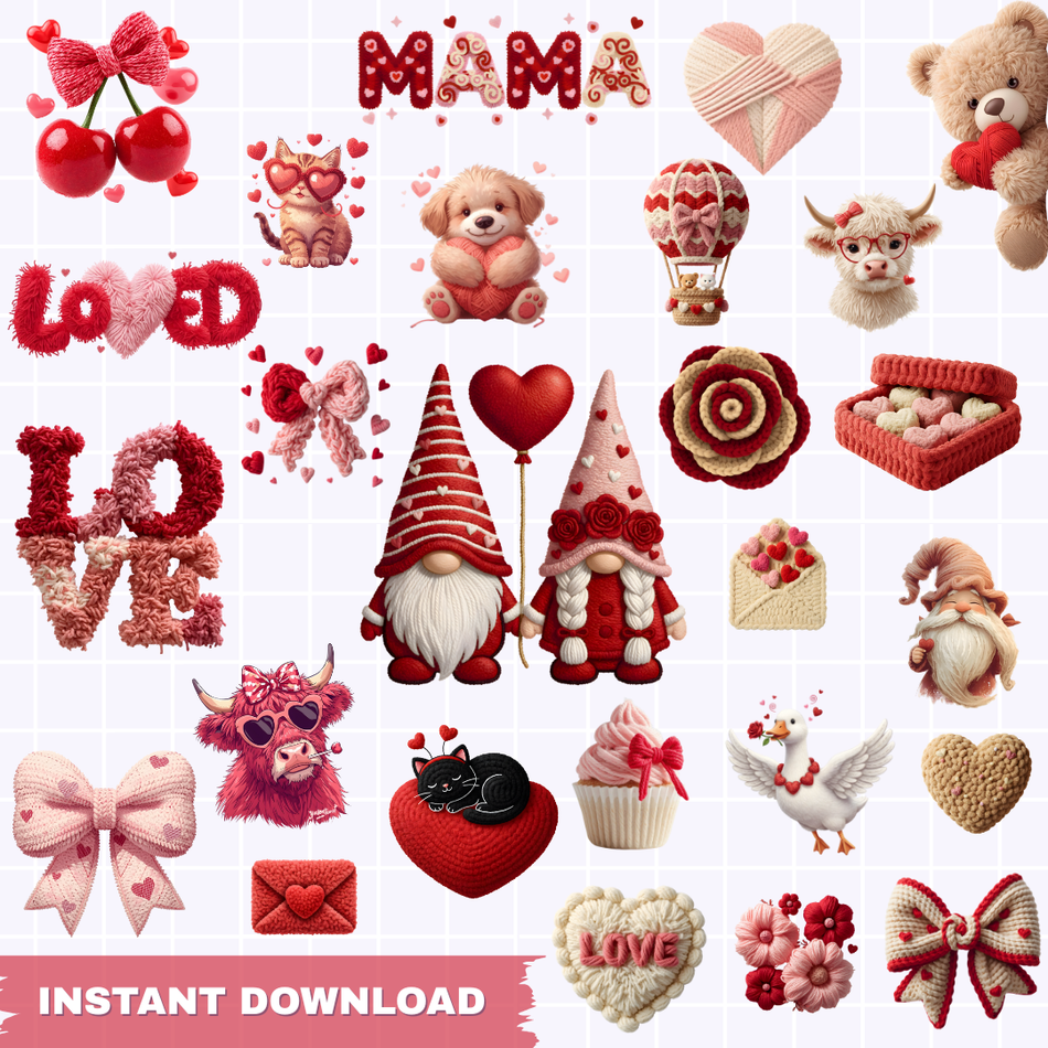 100+ Faux Yarn Valentine PNG Bundle | Knitted Valentine Clipart | Cozy Love | Sublimation & Cricut Designs - A 954