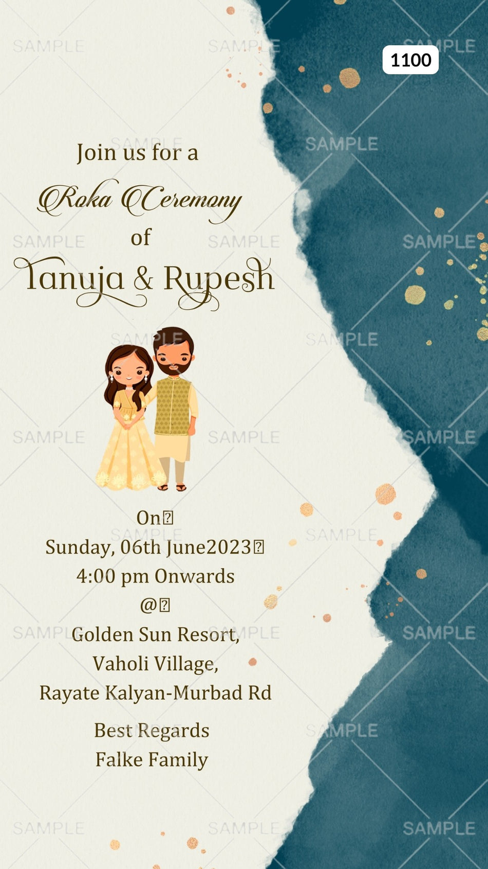 Roka ceremony invitation card Canva Editable Template for Punjabi family in english language with adorable couple doodle as glittery theme design 1100