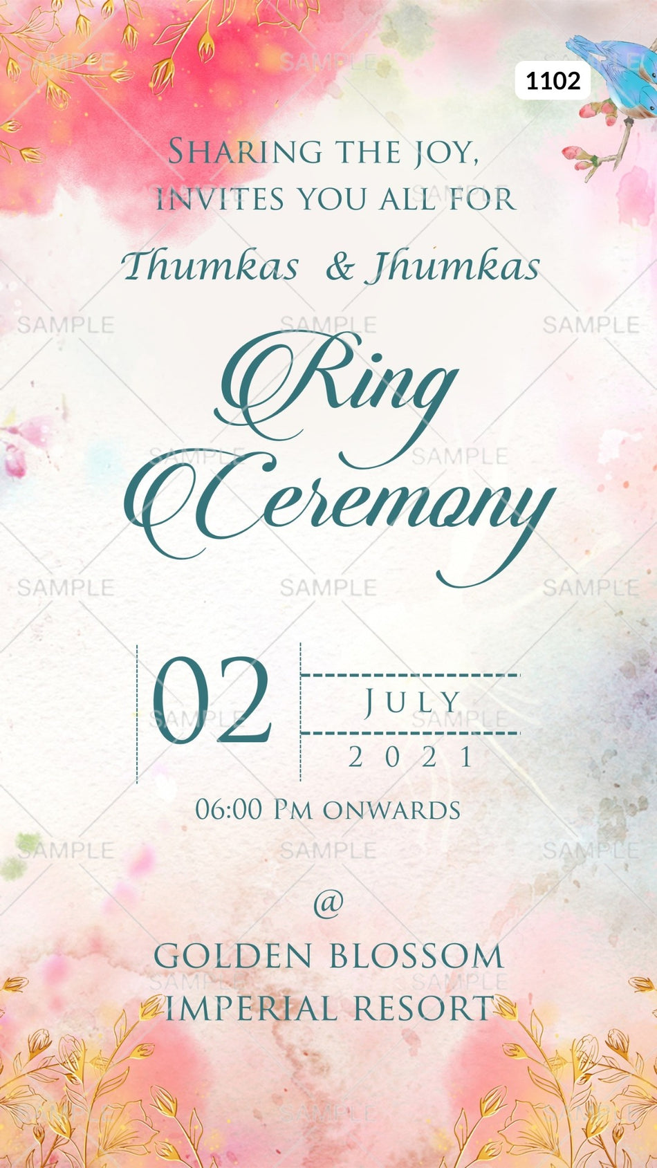 Engagement ceremony invitation card in english language with birds as minimalistic theme Canva Editable Template design 1102