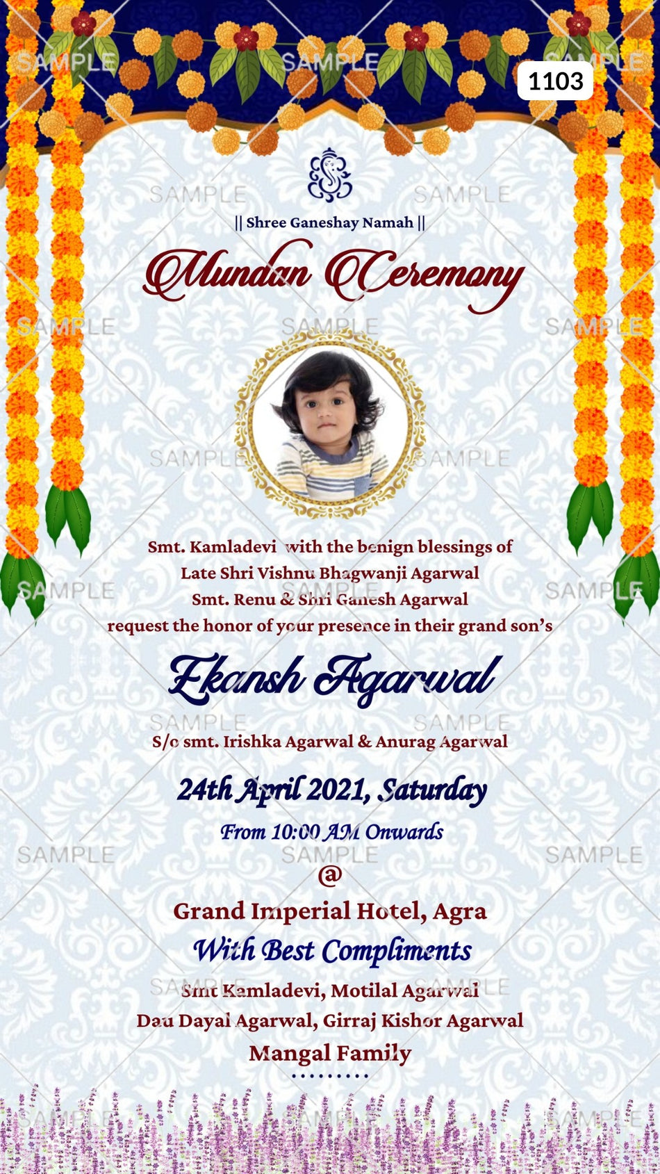 Mundan Ceremony invitation card Canva Editable Template in english language with marigold garland, flowers, a baby photo frame as traditional theme design 1103