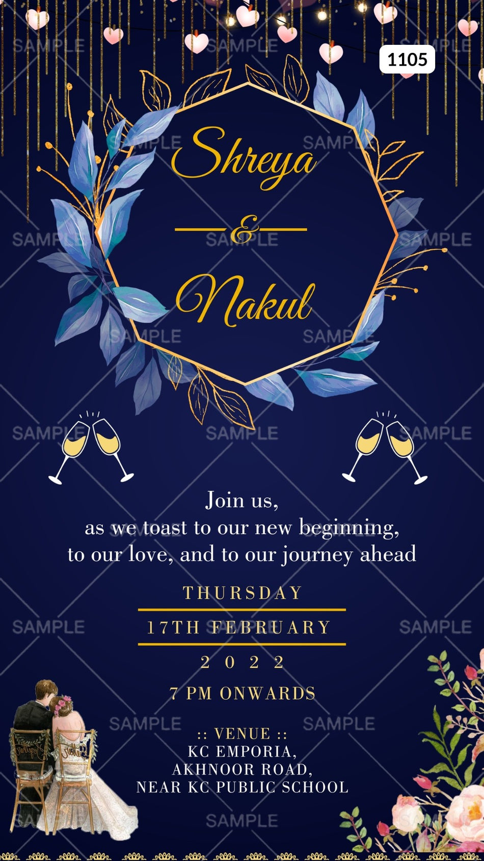 Cocktail Party invitation card Canva Editable Template in english language with  flowers, frame as floral theme design 1105
