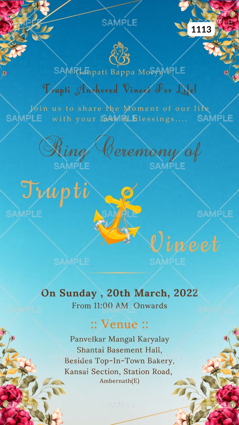 Engagement ceremony invitation card Canva Editable Template in english language with golden line, leaves as floral theme design 1113