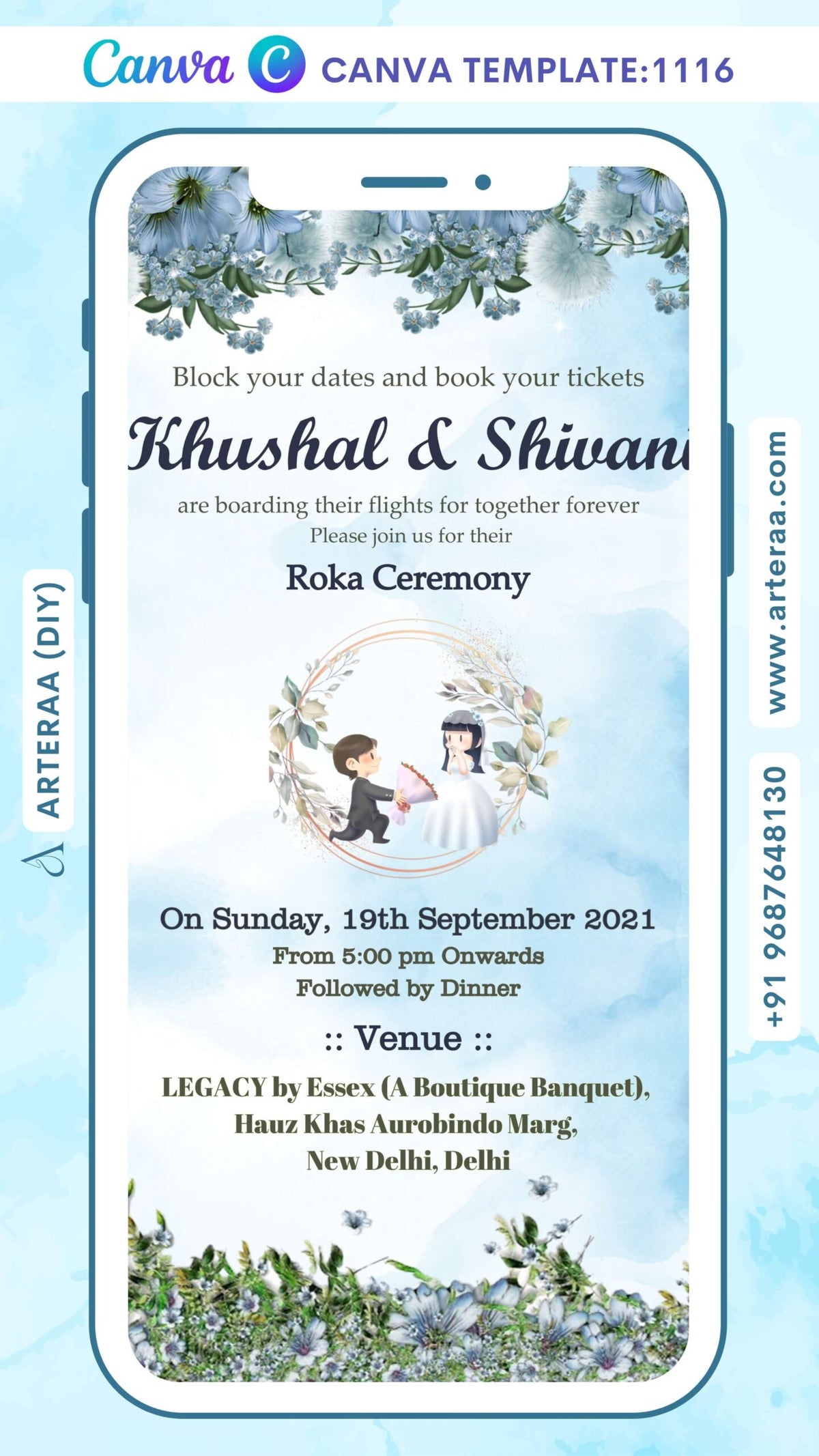 Roka ceremony invitation Canva Editable video Template for Punjabi family in english language with flowers, romantic couple doodle as floral theme design 1116