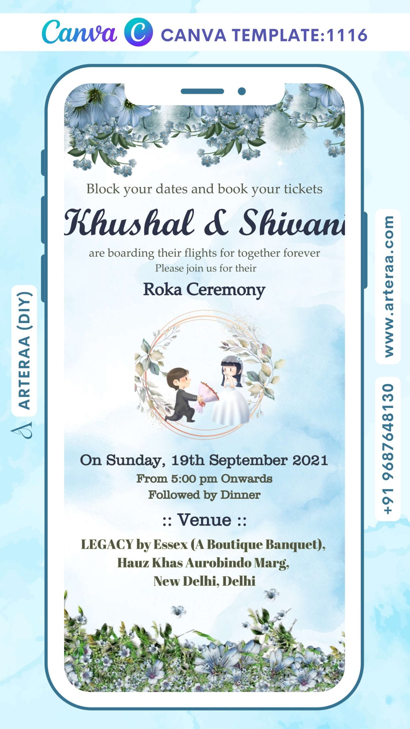 Roka ceremony invitation Canva Editable video Template for Punjabi family in english language with flowers, romantic couple doodle as floral theme design 1116