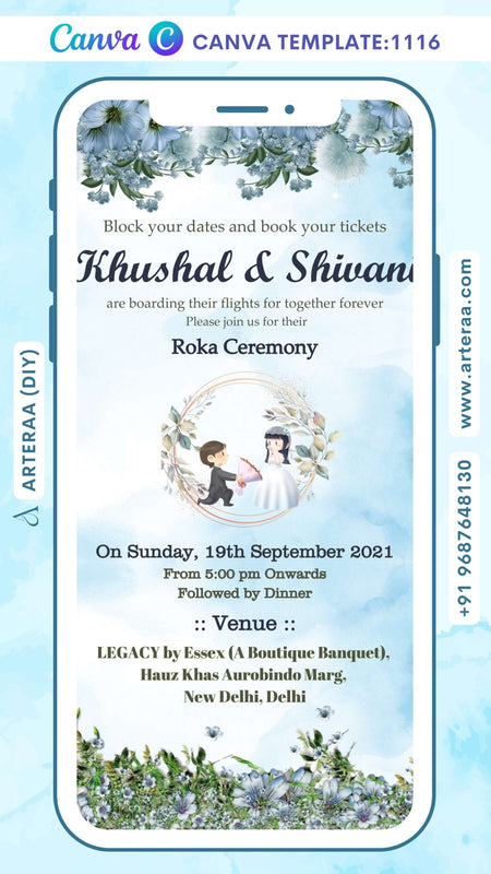 Roka ceremony invitation Canva Editable video Template for Punjabi family in english language with flowers, romantic couple doodle as floral theme design 1116