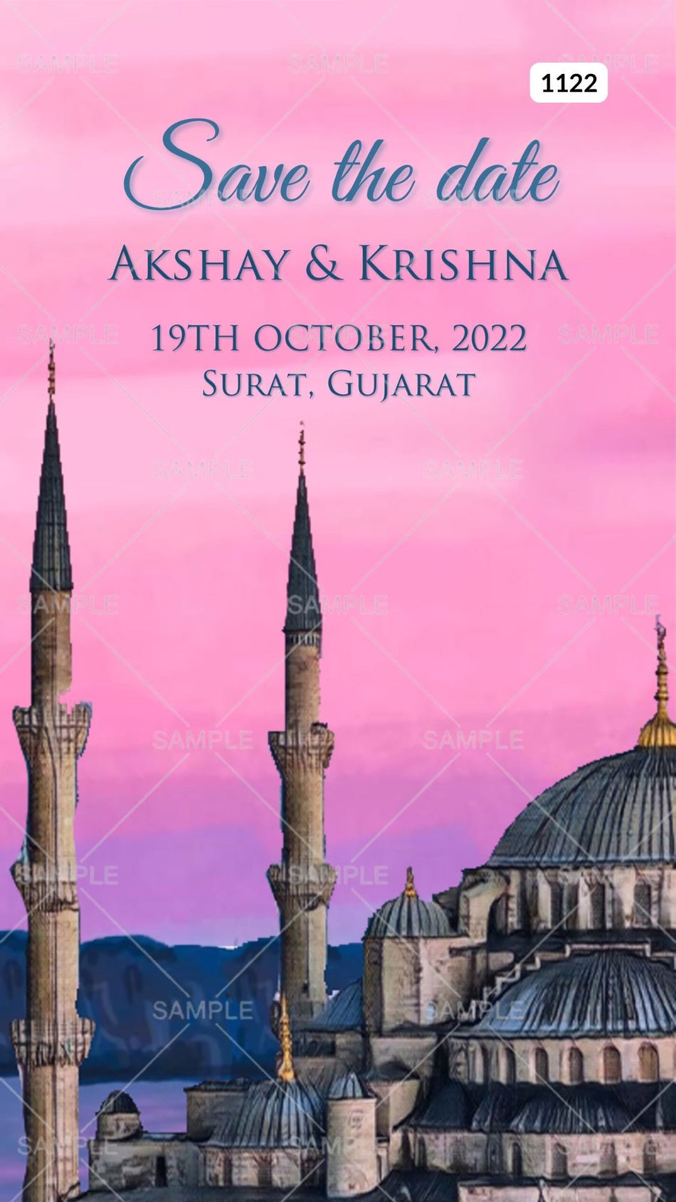 Save the Date card Canva Editable Template in english language with mosque theme design 1122
