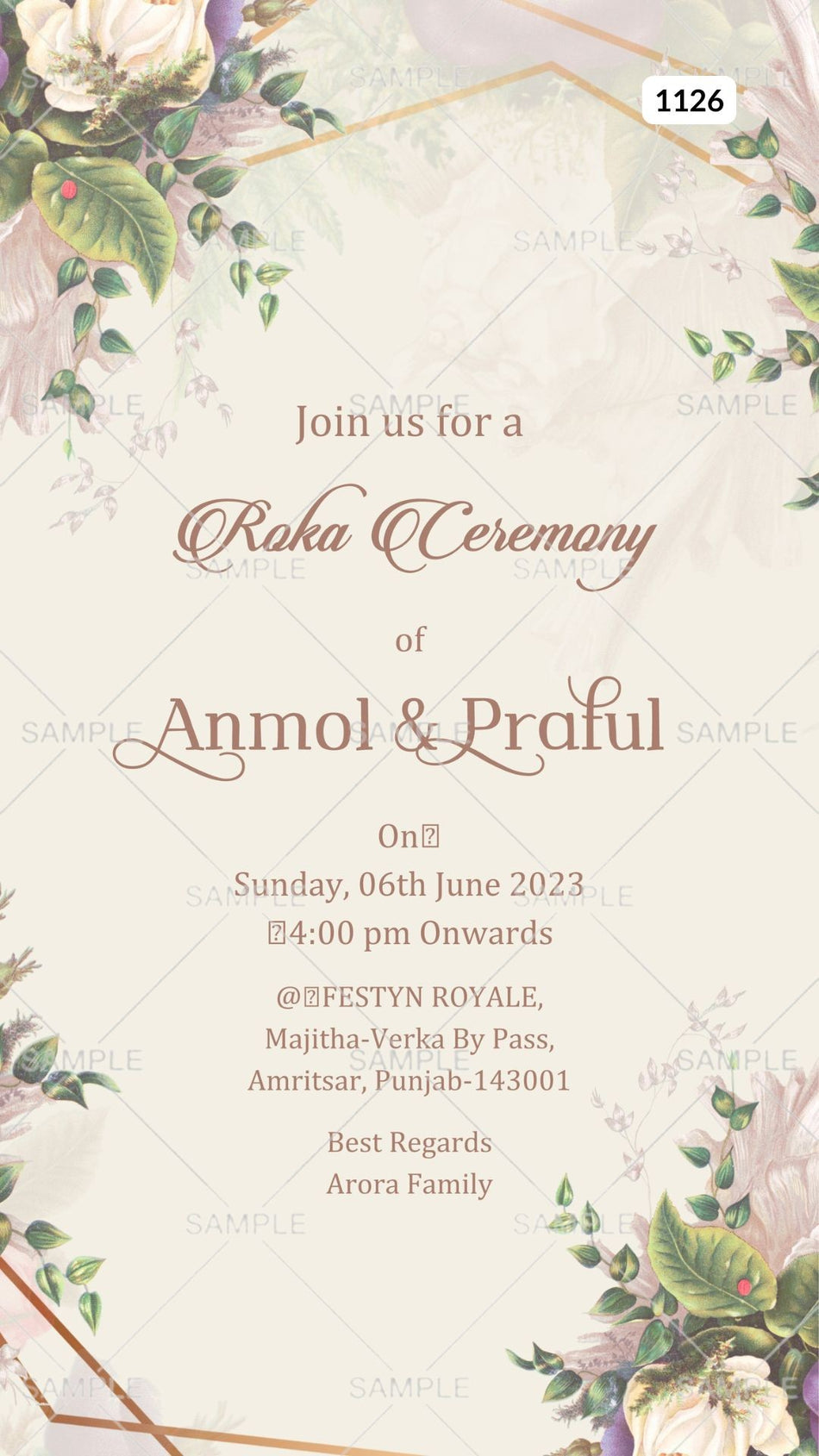 Roka ceremony invitation card Canva Editable Template for Punjabi family in english language with frame, leaves as floral theme design 1126