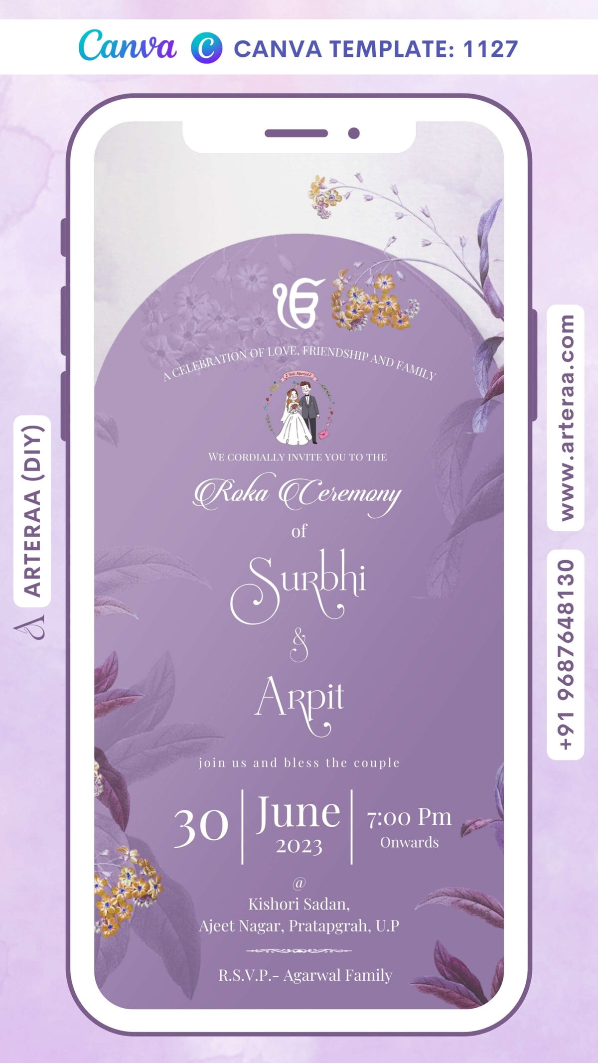 Roka ceremony invitation Canva Editable video Template for Punjabi family in english language with ek omkar logo, leaves as floral theme design 1127