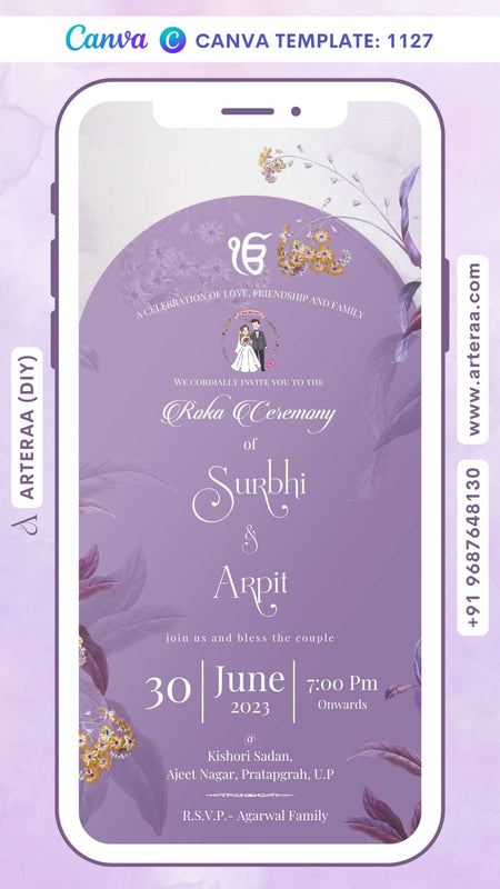 Roka ceremony invitation Canva Editable video Template for Punjabi family in english language with ek omkar logo, leaves as floral theme design 1127