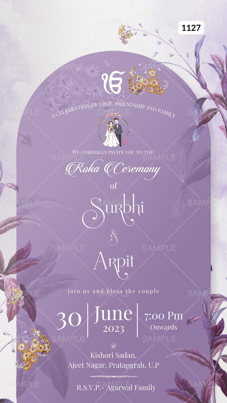 Roka ceremony invitation Canva Editable video Template for Punjabi family in english language with ek omkar logo, leaves as floral theme design 1127