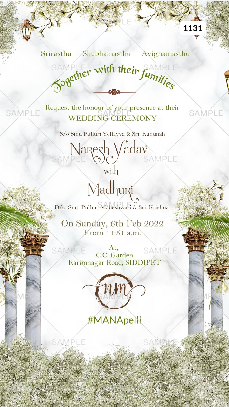 Wedding ceremony invitation card Canva Editable Template of hindu south indian telugu family in english language with  floral theme design 1131