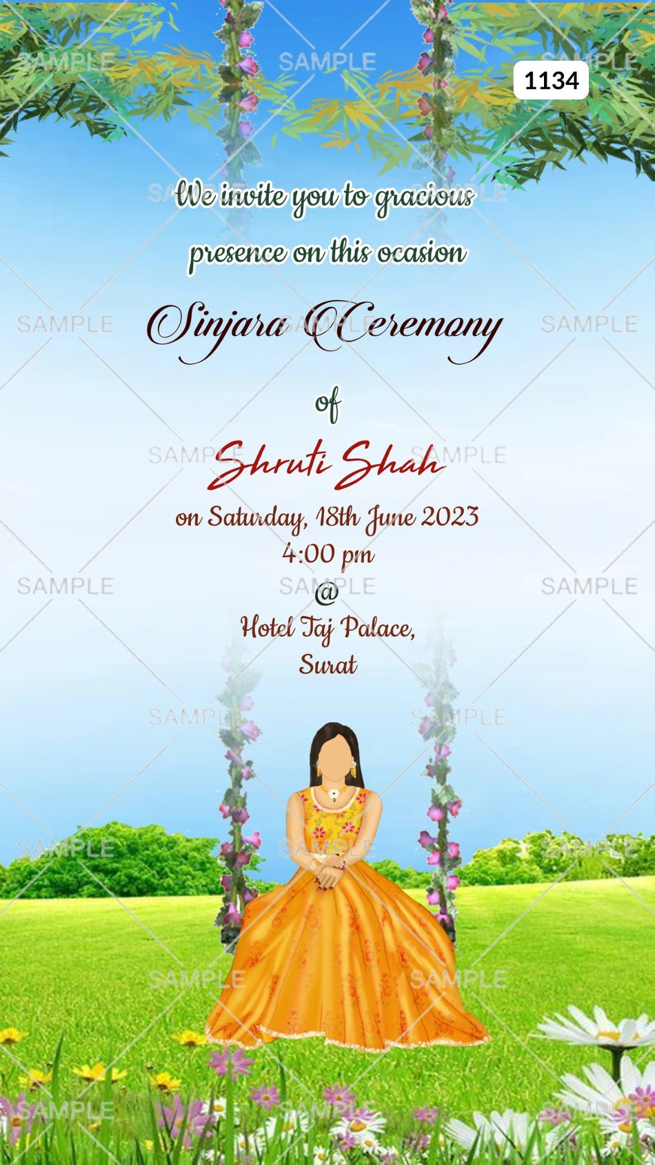 Sinjara ceremony invitation card Canva Editable Template in english language with girl doodle, flowers as garden theme design 1134