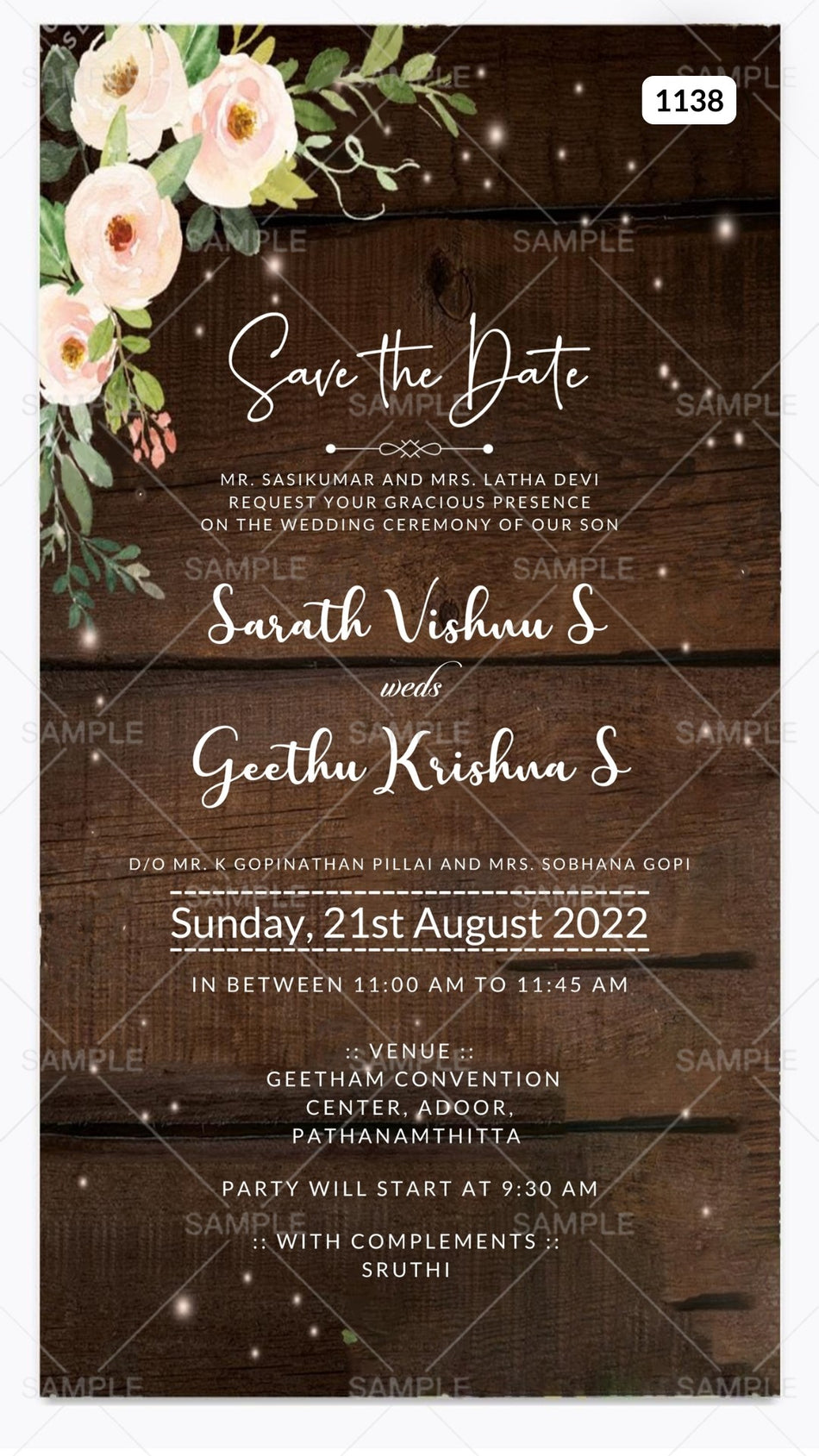 Bollywood style couple doodle invitation card Canva Editable Template for the wedding ceremony of Hindu south indian Malayali family in english language with artistic floral theme design 1138