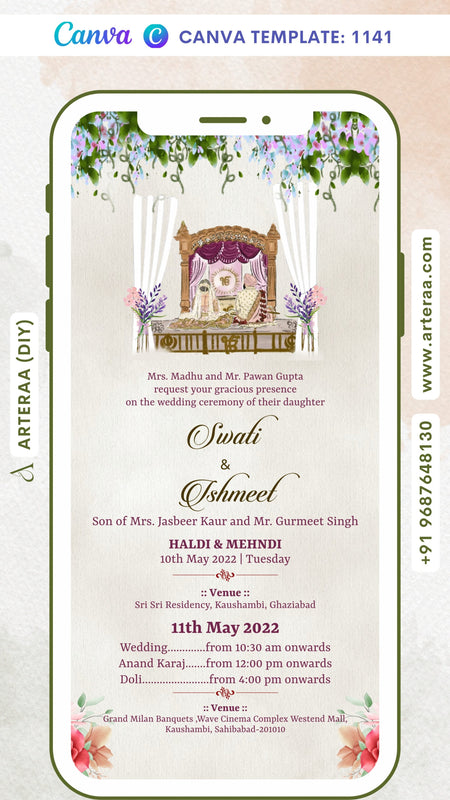 Wedding ceremony invitation card Canva Editable Template of hindu punjabi sikh family in English language with minimalistic theme design 1141
