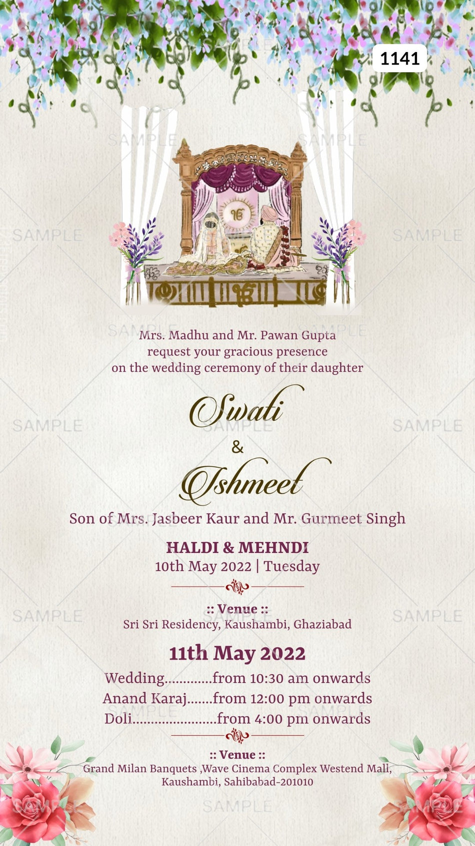 Wedding ceremony invitation card Canva Editable Template of hindu punjabi sikh family in English language with minimalistic theme design 1141