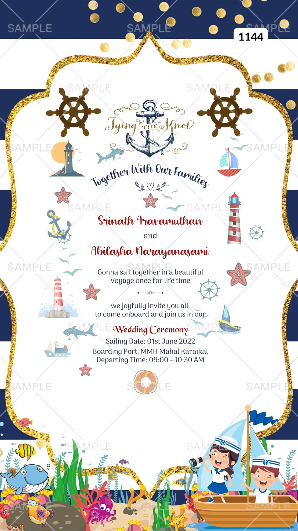 Wedding ceremony invitation card Canva Editable Template of hindu hindu south indian family in english language with  Navy theme design 1144