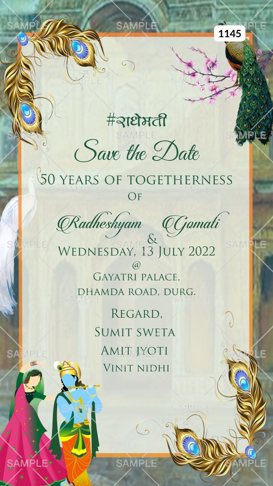 Save the Date card Canva Editable Template in english language with frame, peacock as radha krishna theme design 1145