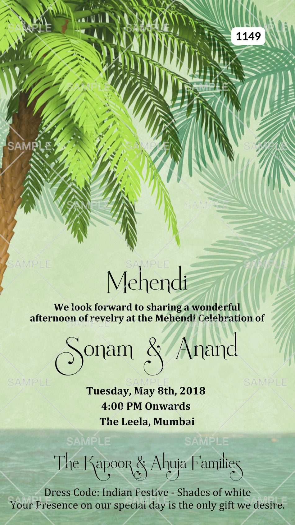 Mehendi ceremony invitation card Canva Editable Template in english language with coconut tree as beach theme design 1149