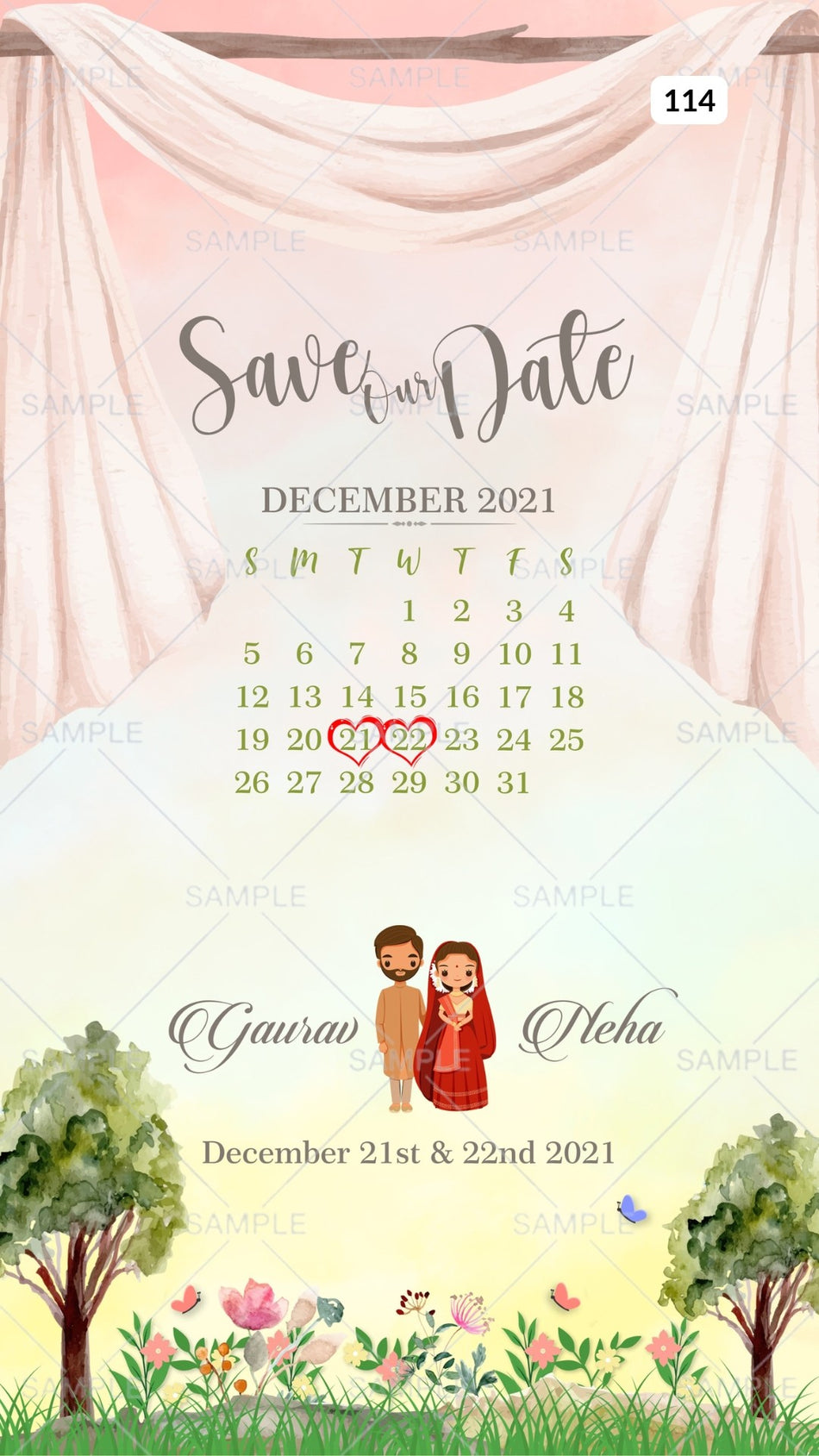 Save the Date card Canva Editable Template in english language with stylish couple doodle, flowers as garden theme design 114