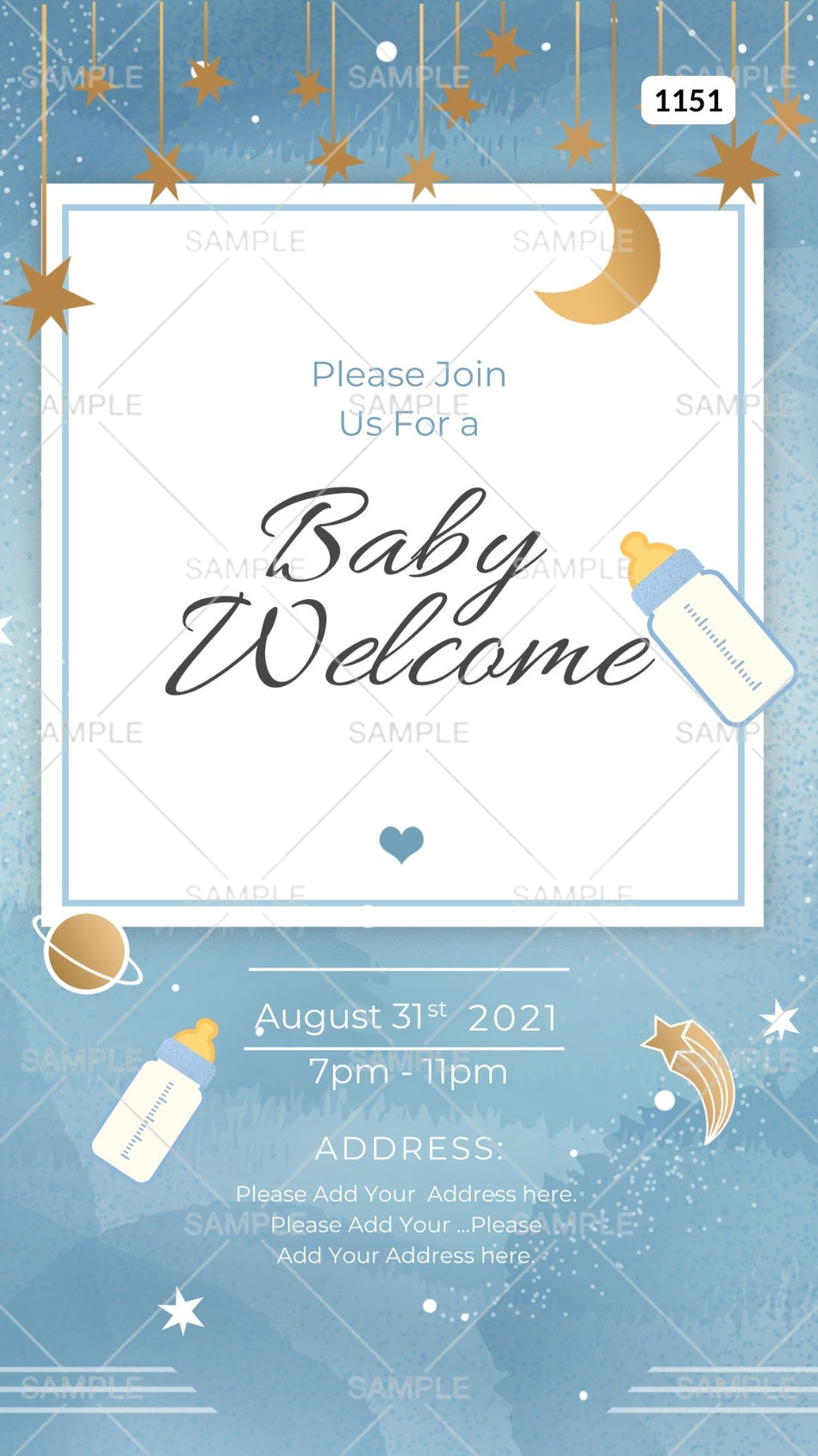 Baby welcome party invitation card Canva Editable Template in english language with asthetic theme design 1151
