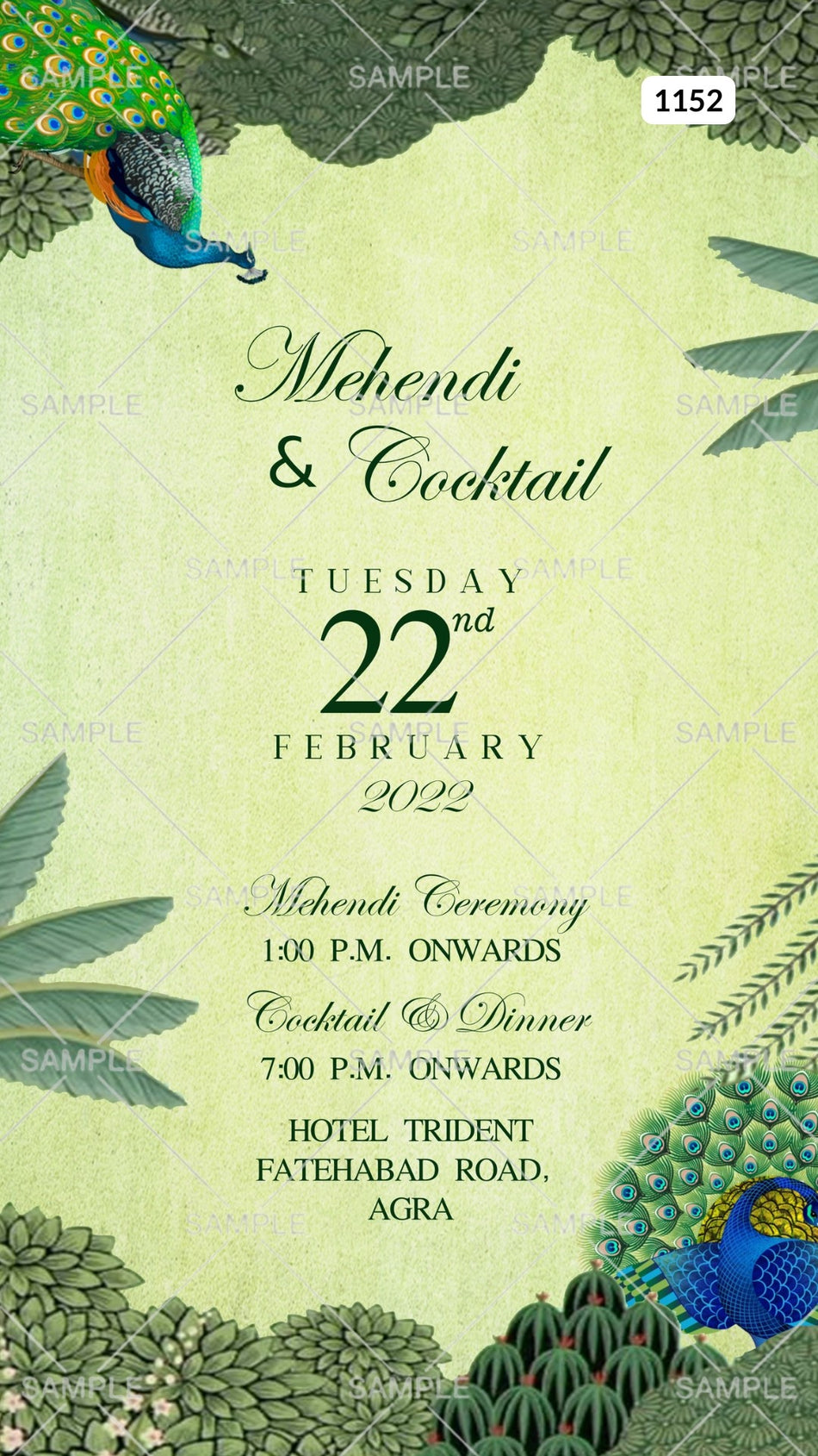 Mehendi ceremony invitation card Canva Editable Template in english language with peacock as forest theme design 1152