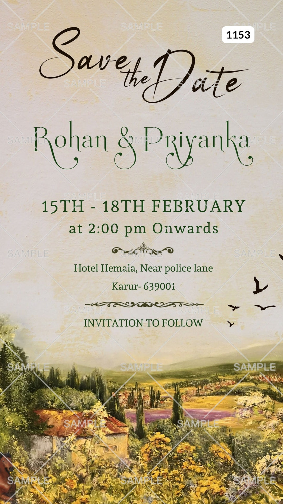 Save the Date card Canva Editable Template in english language with birds as nature theme design 1153