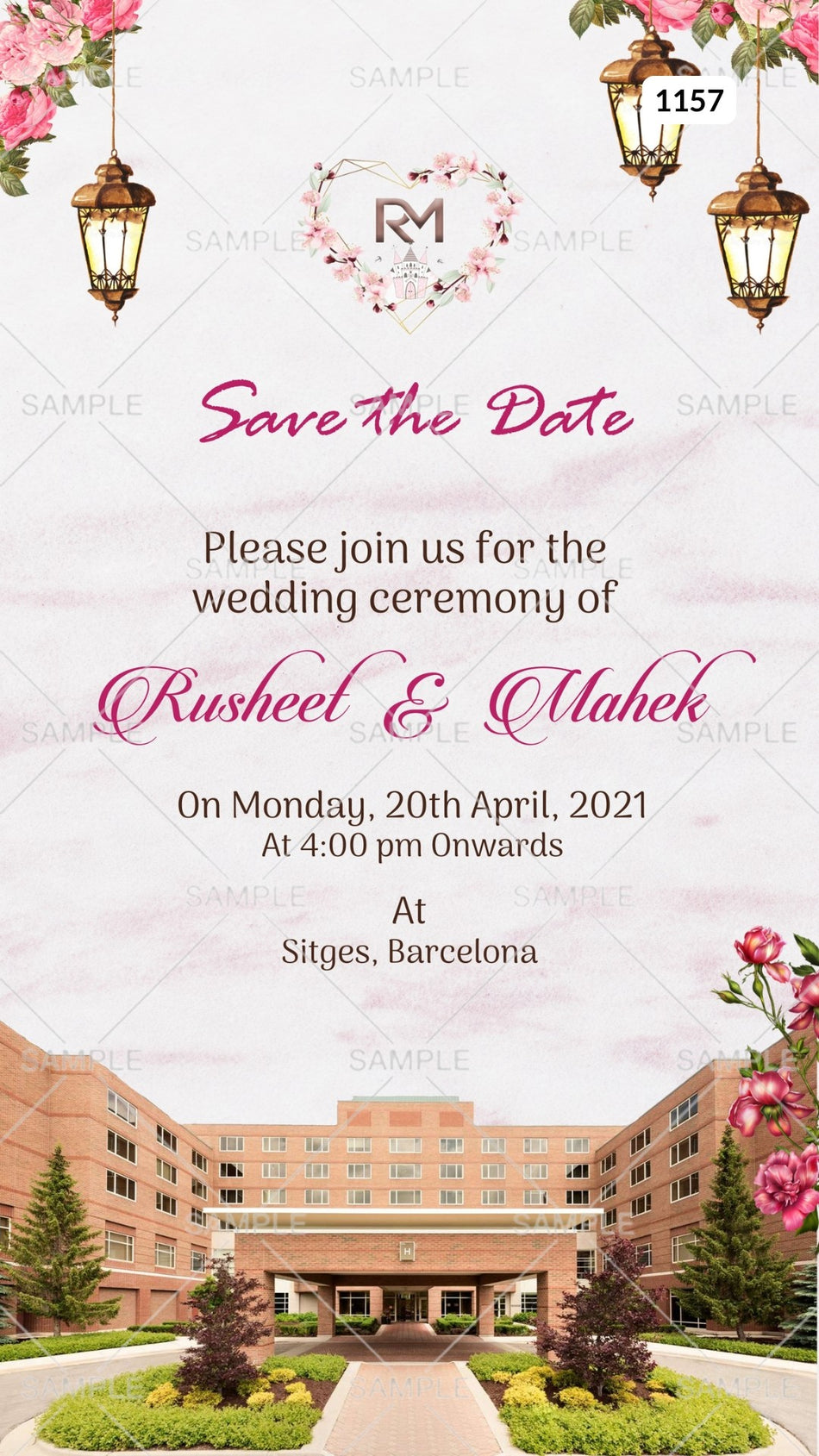 Wedding ceremony invitation card Canva Editable Template of hindu modern family in english language with  Palace theme design 1157