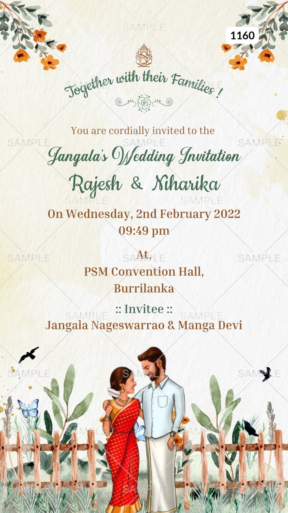Bollywood Style couple doodle invitation card for the wedding ceremony of Hindu south indian telugu family in english language with garden theme Canva Editable Template design 1160