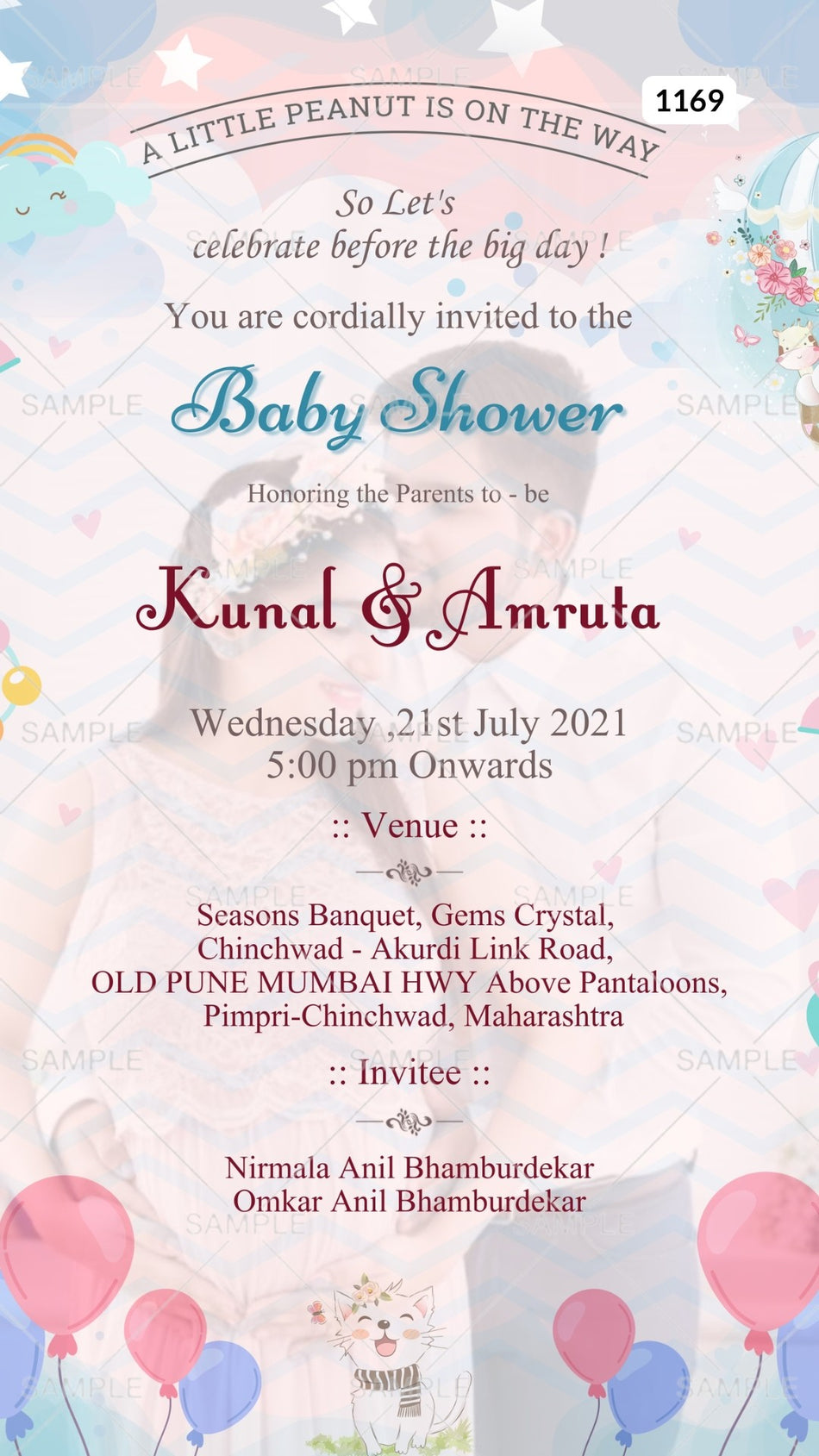 Baby Shower ceremony invitation card Canva Editable Template in english language with star, balloon, cloth, baby toy, cat as couple photo theme design 1169