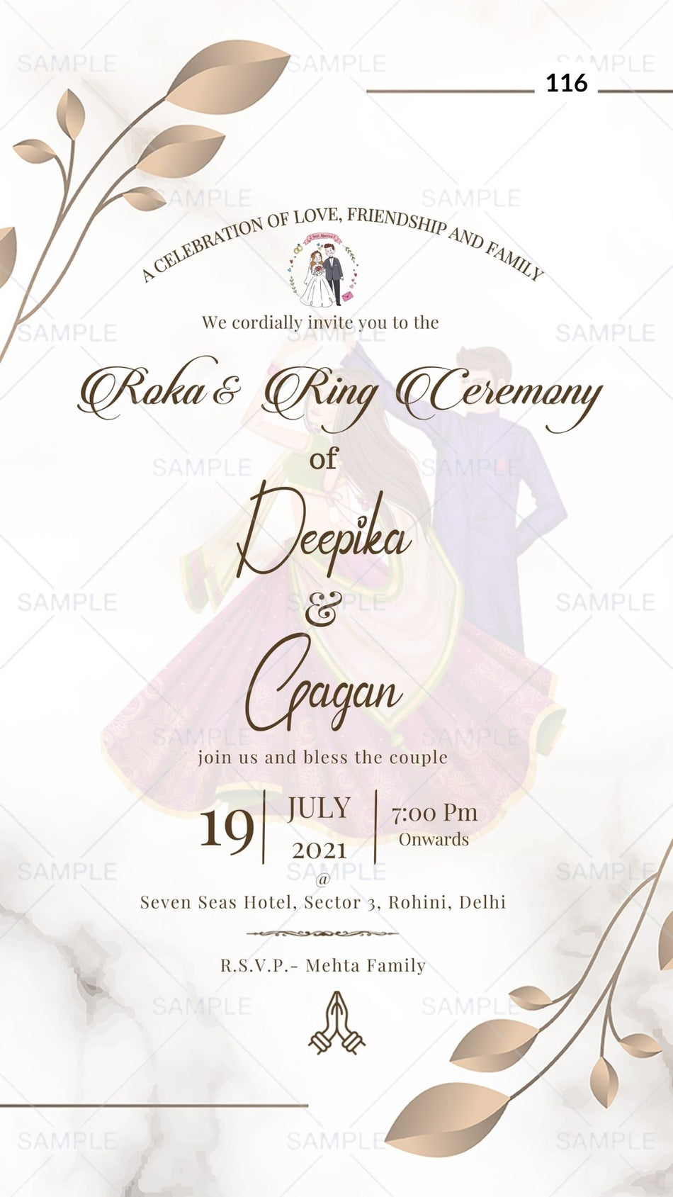 Roka ceremony invitation card Canva Editable Template for Punjabi family in English language with golden leaves, romantic couple doodle as minimalistic theme design 116