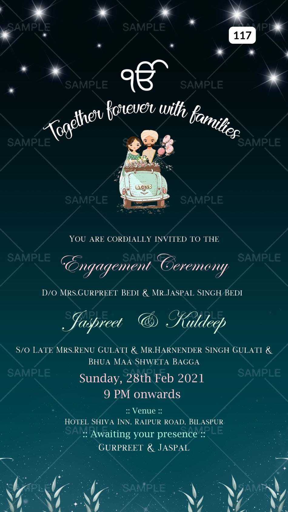 Sikh Engagement ceremony invitation card Canva Editable Template in english language with car, couple doodle as glittery theme design 117