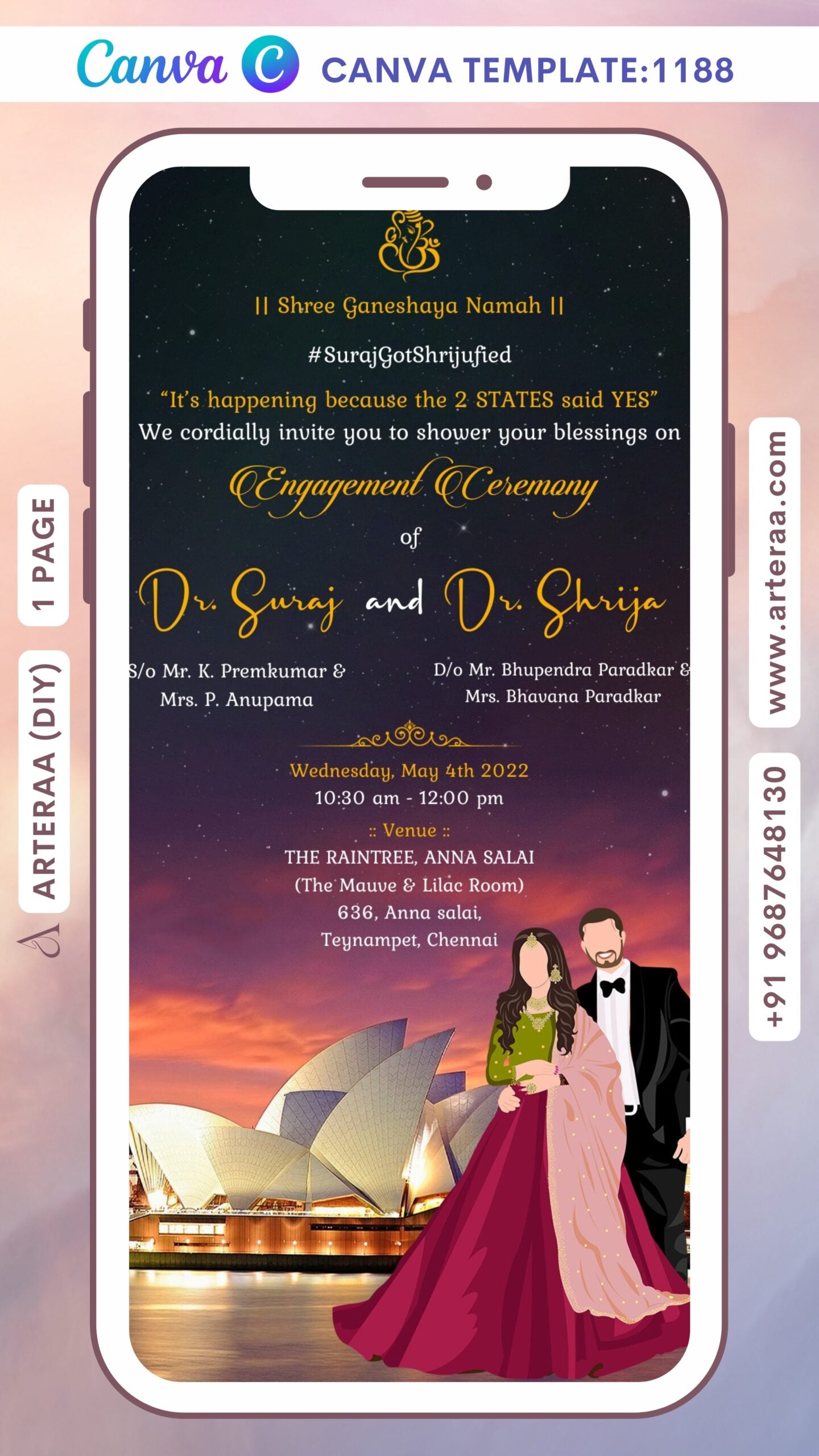 Engagement ceremony invitation Canva Editable video Template in english language with Sydney Opera House theme design 1188