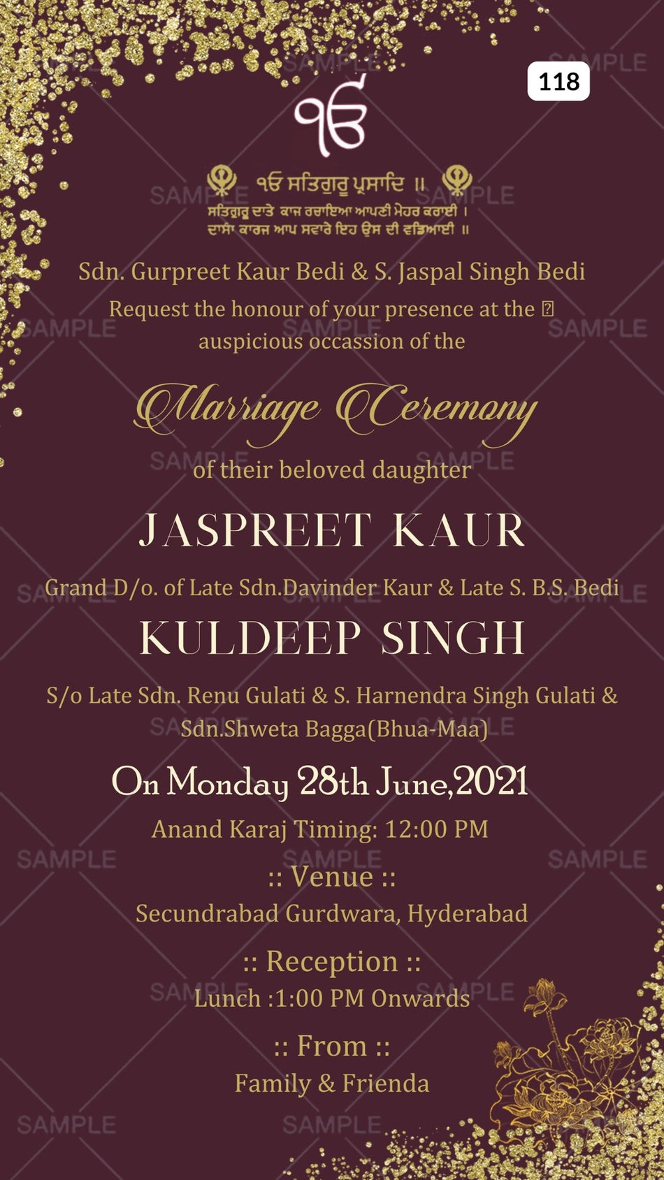 Wedding ceremony invitation card Canva Editable Template of hindu punjabi sikh family in English language with Glittery theme design 118