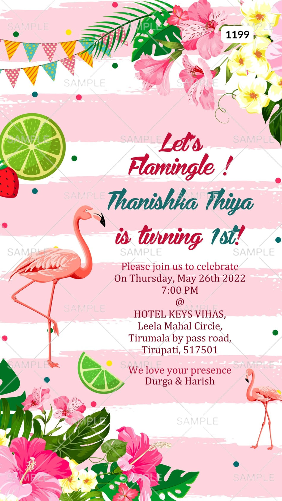 Digital Birthday Invitation of South Indians in English Language With Flamingle Theme Canva Editable Template Design No. 1199