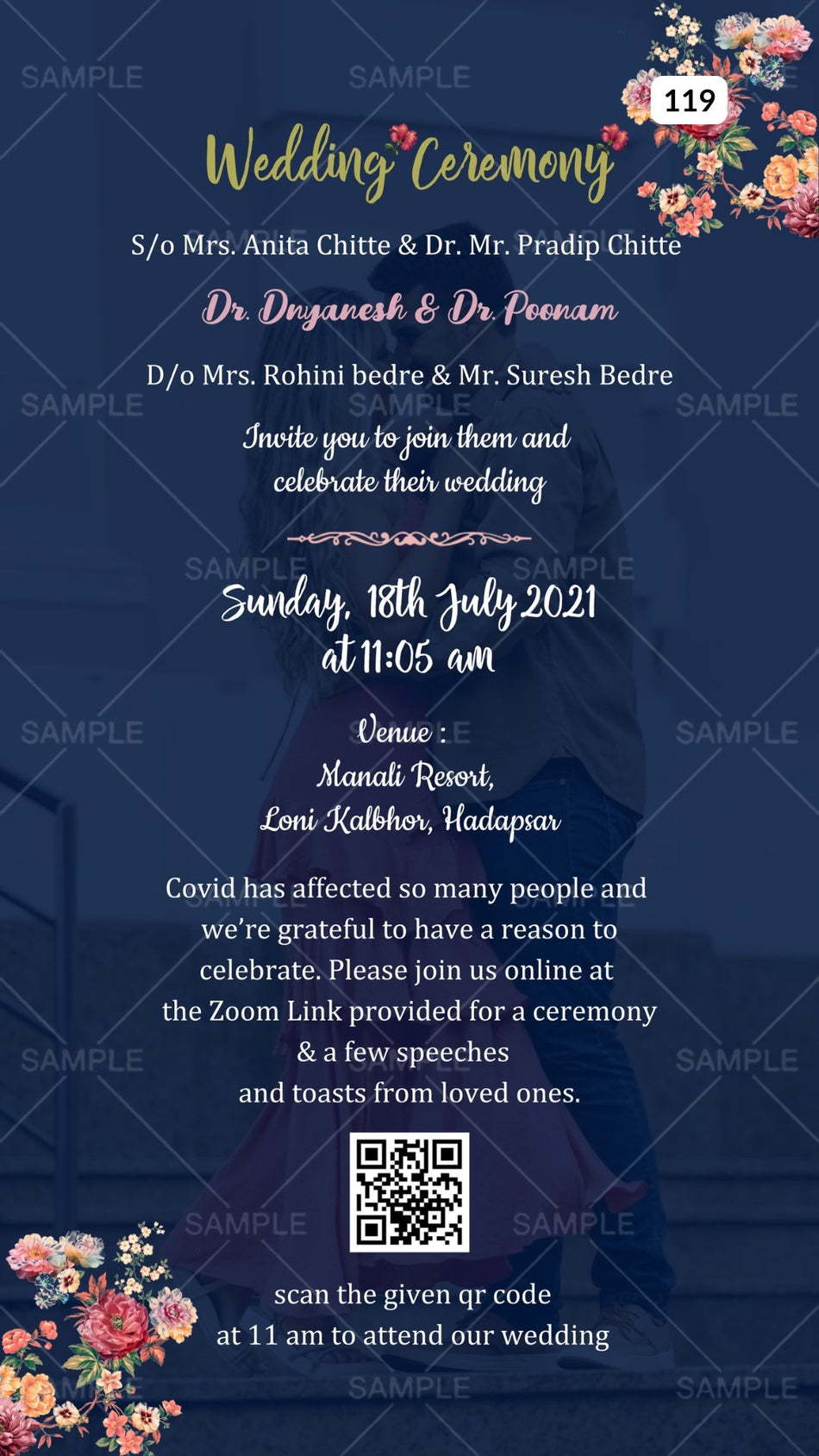 Wedding ceremony invitation card Canva Editable Template of hindu maharashtrian marathi family in english language with couple photo theme design 119