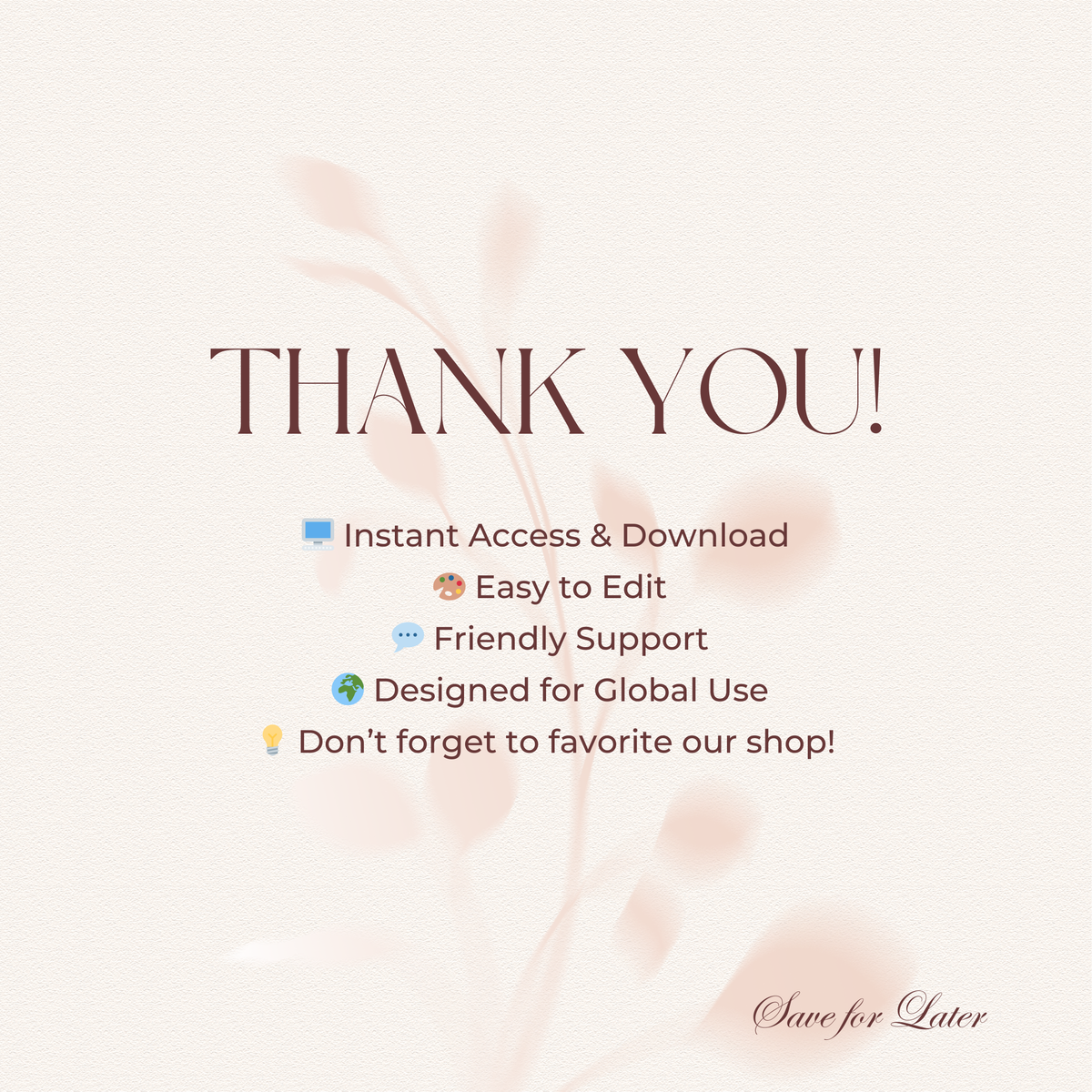 Thank you message with features listed on a light background