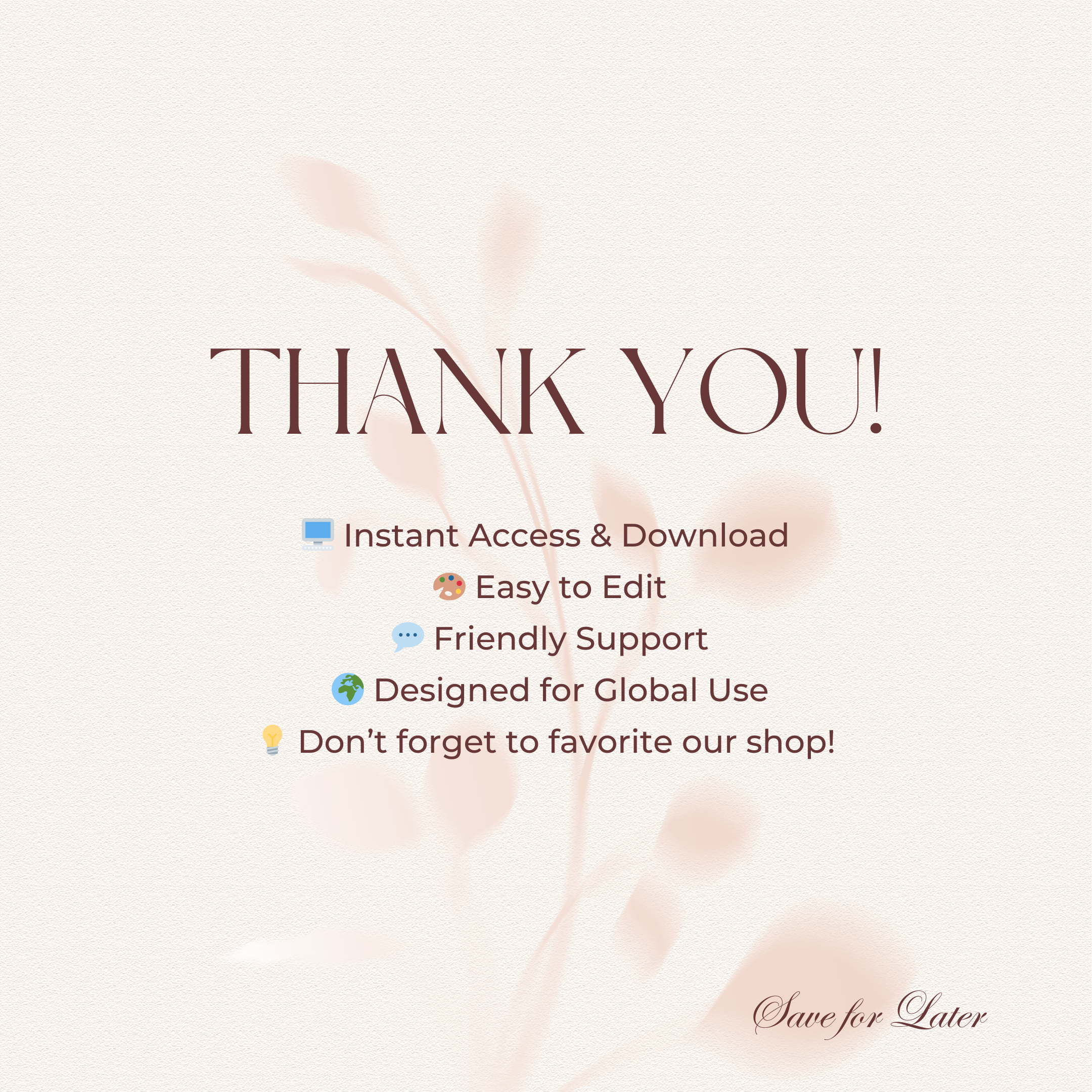 Thank you message with features listed on a light background