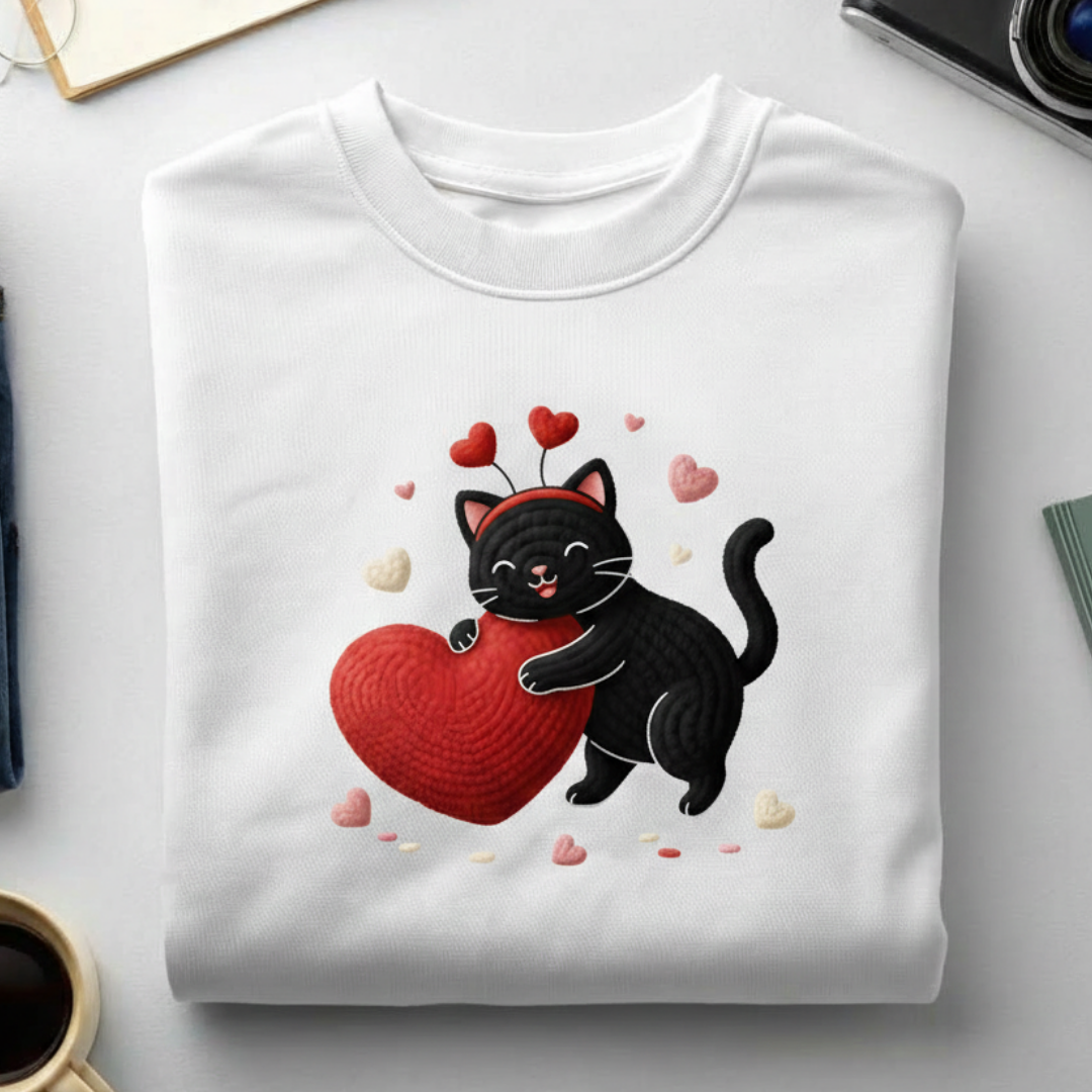 White sweatshirt with a black cat holding a red heart design on a light gray surface.