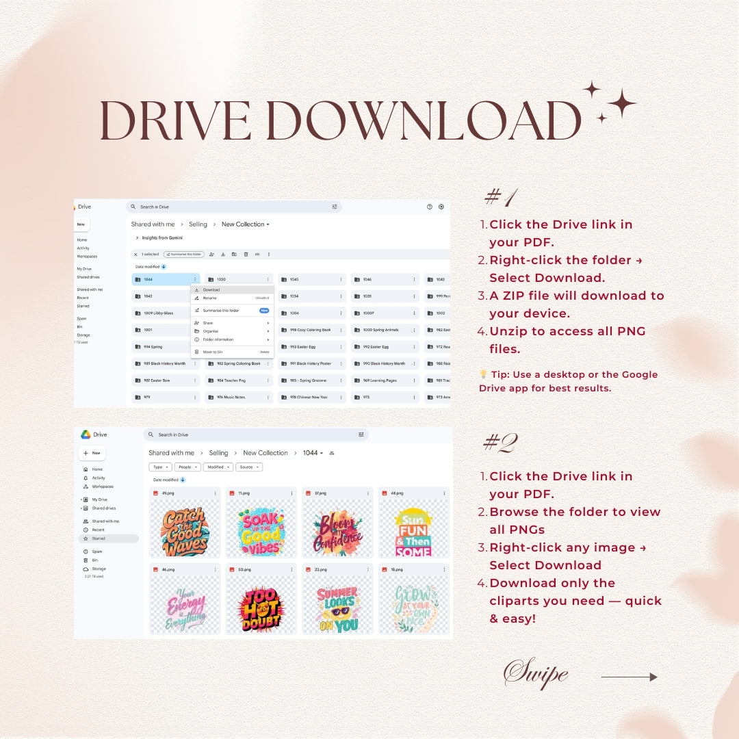 Instructions for downloading and accessing digital clipart via Google Drive on a light pink background.