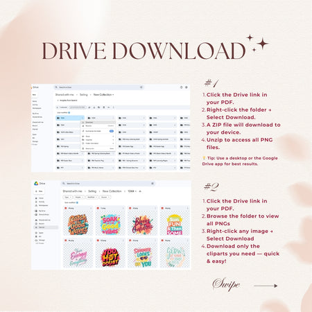 Instructions for downloading and accessing digital clipart via Google Drive on a light pink background.