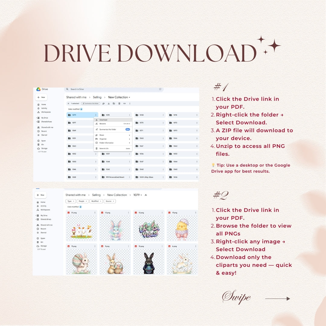 Instructions for downloading and accessing digital clipart via a Drive link on a computer screen.