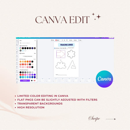 Canva editing software interface with color palette and design elements on a light background.